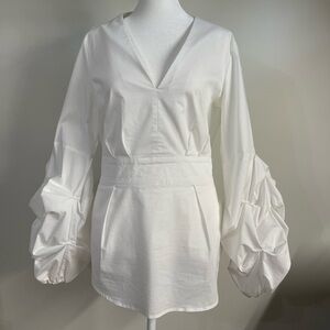 New York & Company White Blouse with Ruffled Sleeves
